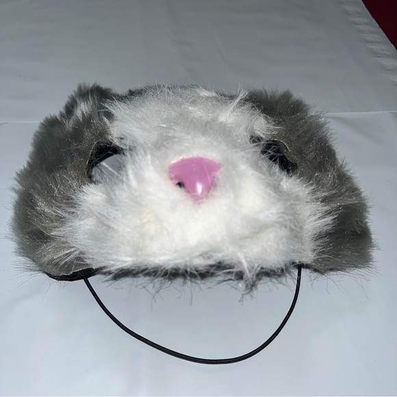 CAT FACE MASK GRAY WHITE FUR Adult or KID Halloween PINK nose open eyes costume - Picture 2 of 11